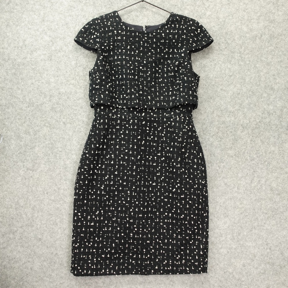J Crew Black Boucle Tweed Dress S White Fleck Cap Sleeve Old Money Office Siren